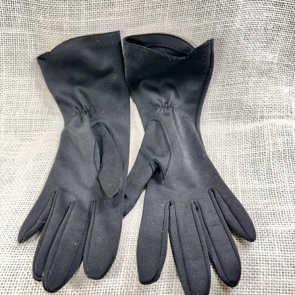 Hansen Black Nylasuede Gloves‎ Lace Inset Size 6.5 Mid Century Vintage